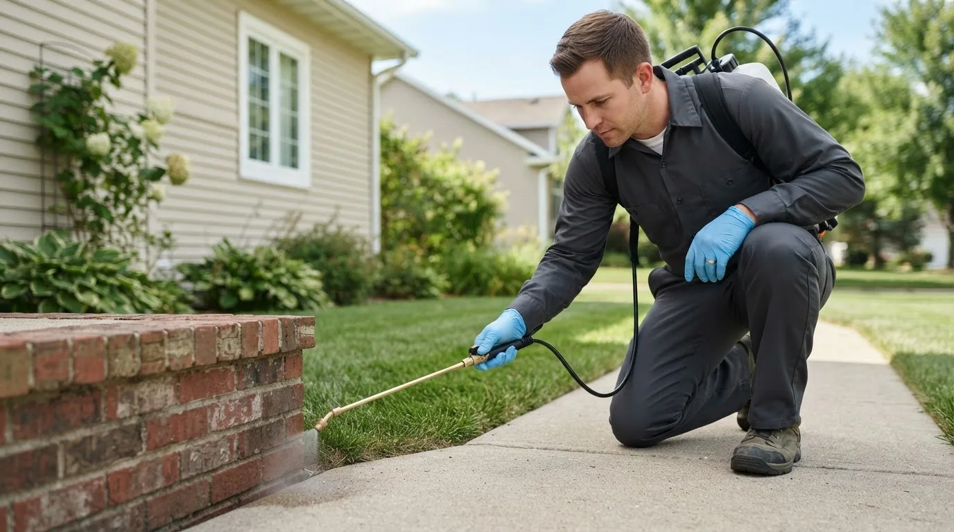 Pest control technician treating a home near Flora, MS